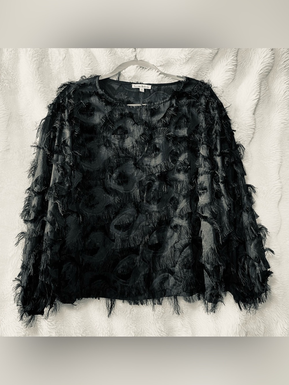 See And Be Seen Black Textured Fringe Sheer Long-Sleeve Top
